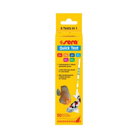 Sera Quick Test 6 in 1 - 50 Strisce Per Testare Ph,Kh,Gh,NO2,NO3,Cl