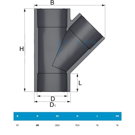 PVC Raccordo Ti 45° ad incollagio Femmina- Ø 20