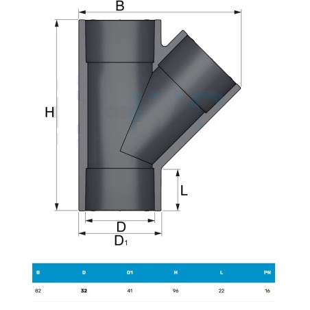 PVC Raccordo Ti 45° ad incollagio Femmina- Ø 32