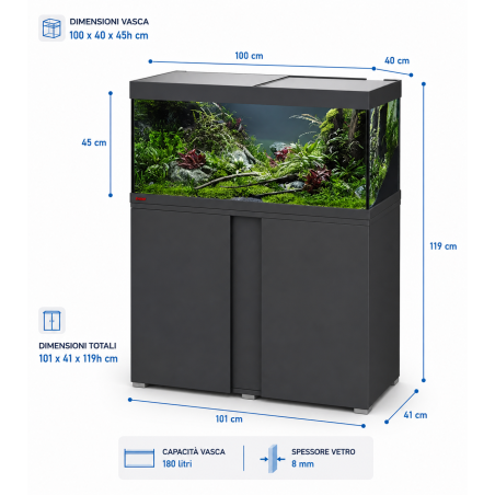 Eheim Vivaline LED 180 Combi Antracite - acquario 180L cm100x40x45h con supporto,illuminazione,filtro e riscaldatore