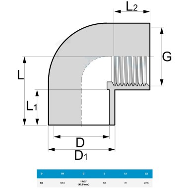 PVC Gomito 90° Filetto Femmina 1.1/2" - Ø50